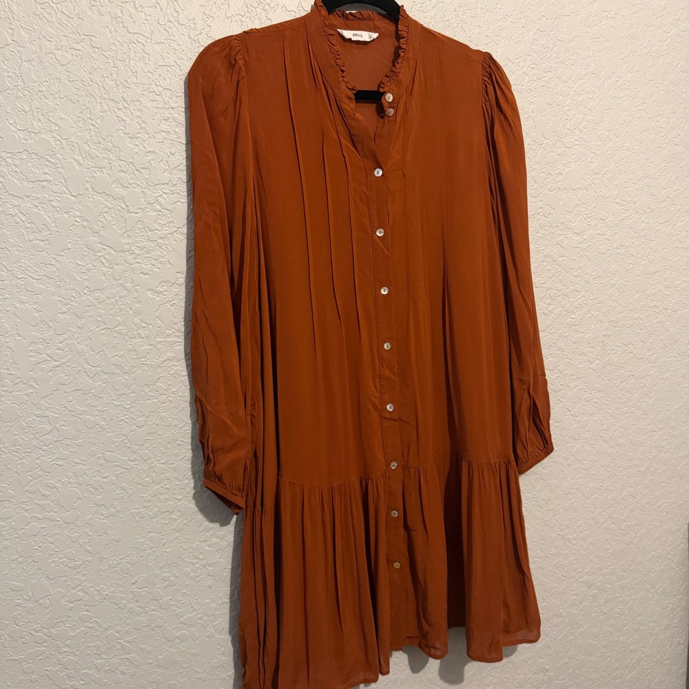 Mango Ruffle Neck Button Down Dress 4 Rust Boho Cottagecore - Picture 4 of 8